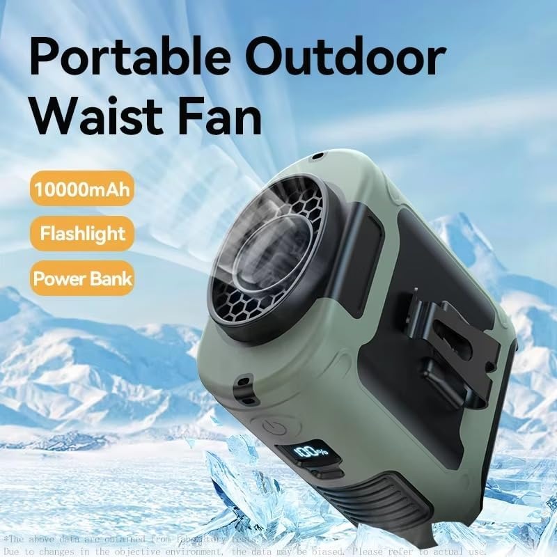 10000mAh Portable Outdoor Waist Fan Hanging Neck Strong Wind with Power Bank LED Lighting for Emergency Sports Outdoor Working (Green) 3