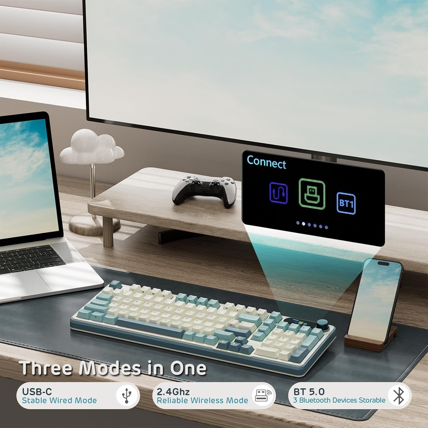 RK ROYAL KLUDGE S98 Mechanical Keyboard w/Smart Display & Knob, Top Mount 96% Wireless Mechanical Keyboard BT/2.4G/USB-C, Hot Swappable, Pale Green Switch 98 Keys 3