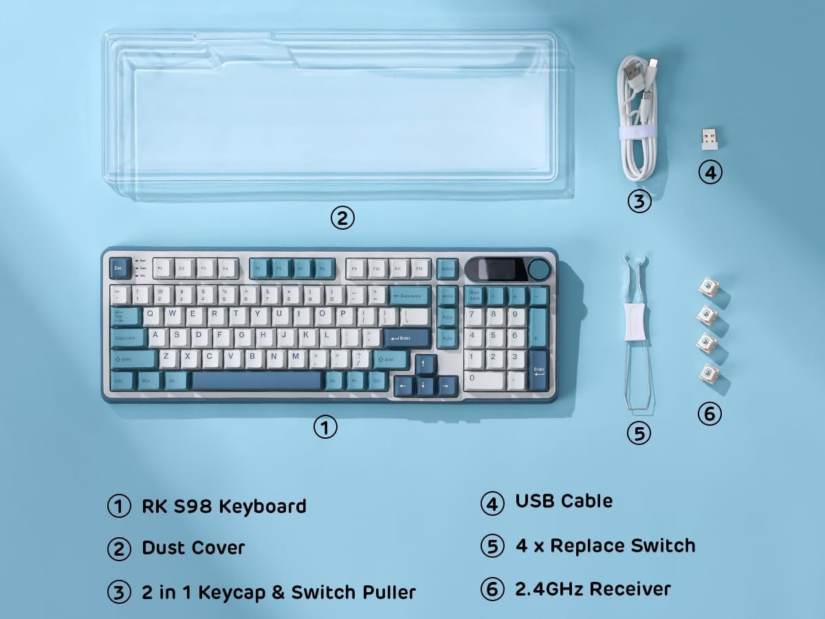 RK ROYAL KLUDGE S98 Mechanical Keyboard w/Smart Display & Knob, Top Mount 96% Wireless Mechanical Keyboard BT/2.4G/USB-C, Hot Swappable, Pale Green Switch 98 Keys 8