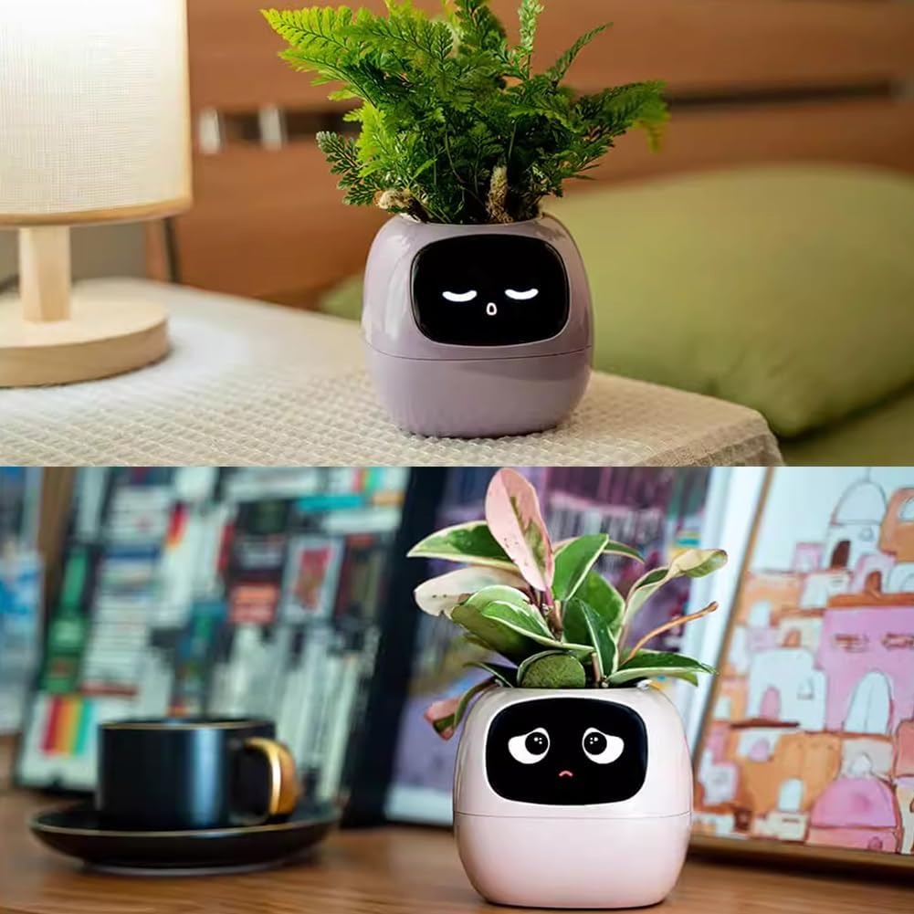 Intelligent Flower Pot, Electronic Bud, Maintenance Plant Assistant, Fun Interactive Flower Pot, Indoor Green Planting Monitoring, LCD Screen Display, Cell Phone APP Connection (White) 3