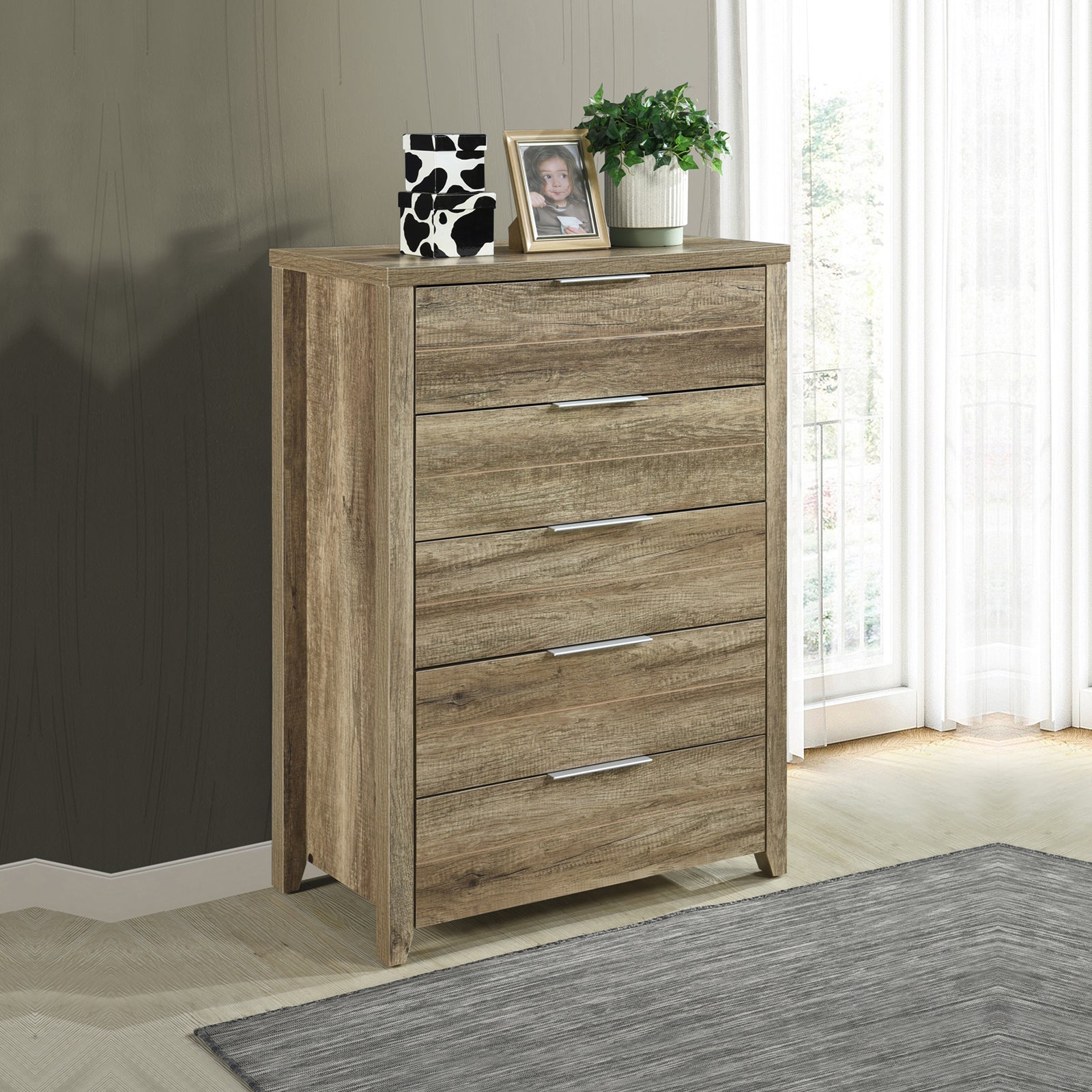 5 Pieces Bedroom Suite Natural Wood Like MDF Structure King Size Oak Colour Bed, Bedside Table, Tallboy & Dresser 6