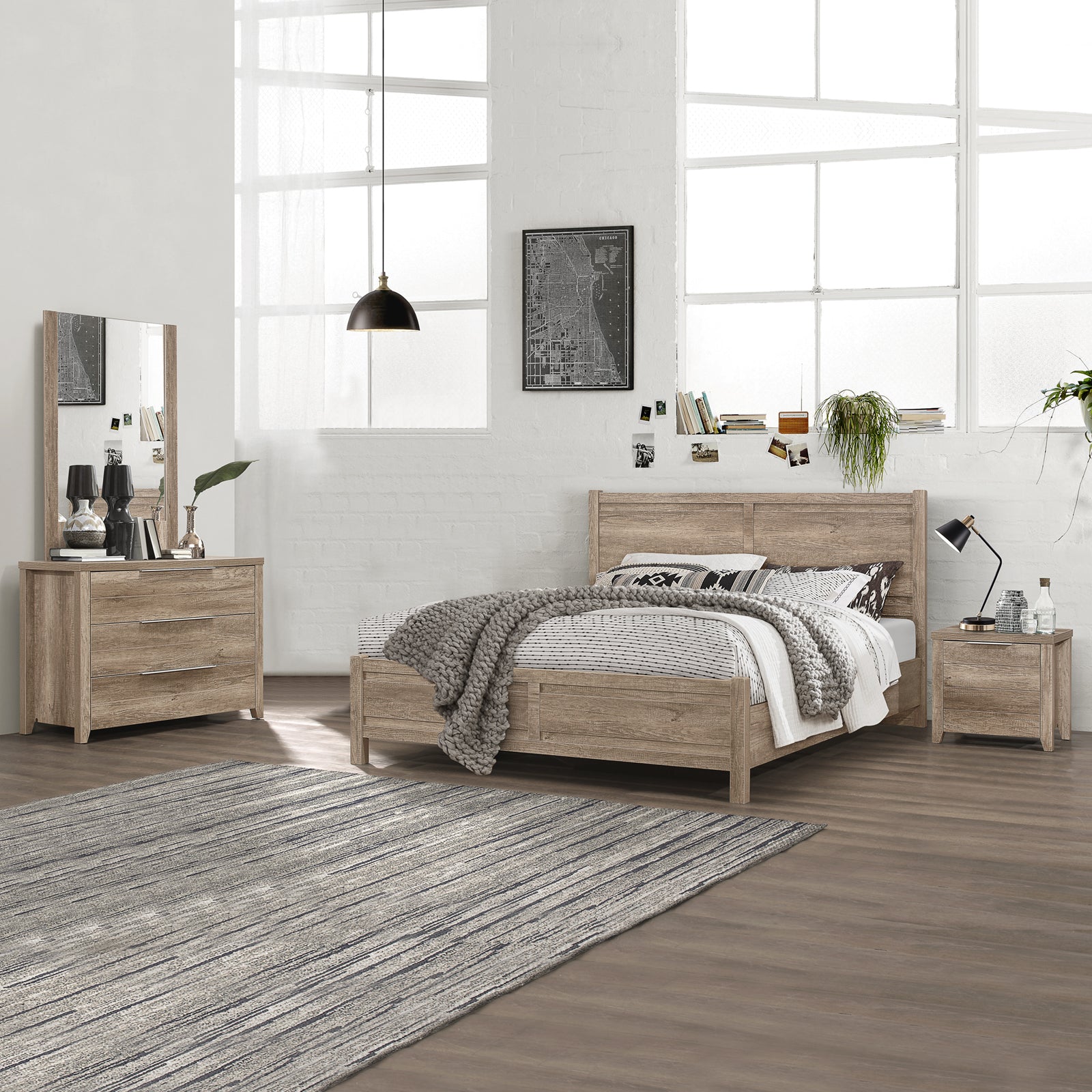 5 Pieces Bedroom Suite Natural Wood Like MDF Structure Queen Size Oak Colour Bed, Bedside Table, Tallboy & Dresser