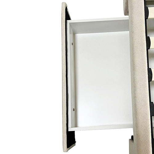 King Size High Rise Headboard Linen Beige Fabric Four MDF Drawers with Wheels Bed Frame 6