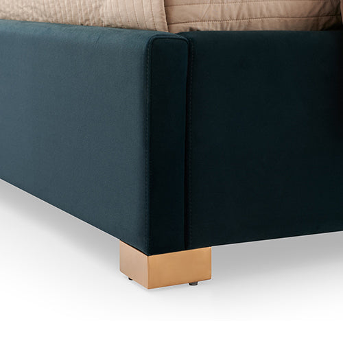 Austin Bed Frame Polyester Turquoise Fabric Padded Upholstery High Quality Slats Polished Stainless Steel Feet 6