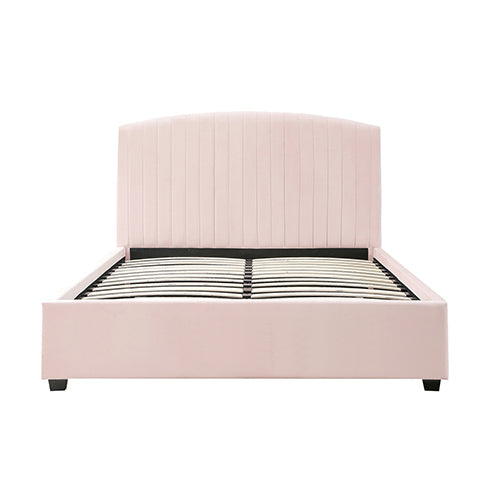 Camelia Double Size Bed Frame Pink Velvet Upholstery High Headboard Quality Slats Metal Structure 4