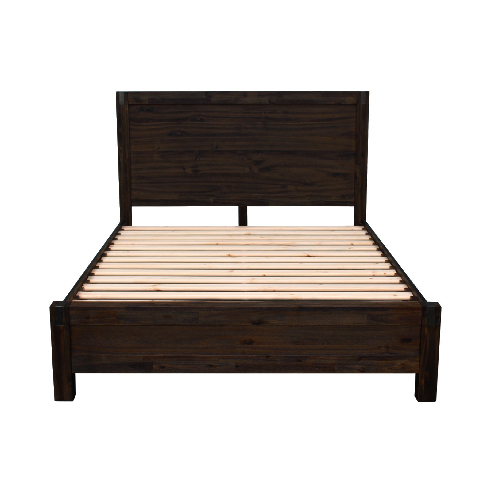 Bed Frame Double Size in Solid Wood Veneered Acacia Bedroom Timber Slat in Chocolate 3