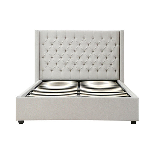 Veronica Bed Frame Double Size Winged Grey Linen Fabric Seam Grid Pattern with gas lift plywood metal structure 3