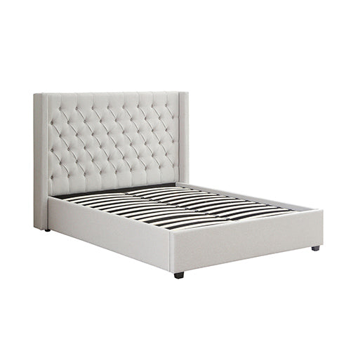Veronica Bed Frame Double Size Winged Grey Linen Fabric Seam Grid Pattern with gas lift plywood metal structure 4