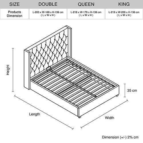 Veronica Bed Frame Double Size Winged Grey Linen Fabric Seam Grid Pattern with gas lift plywood metal structure 7