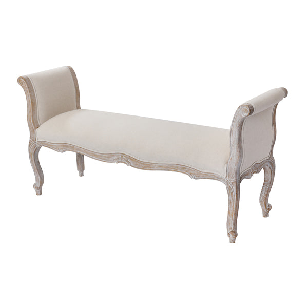 Oak Wood Linen Fabric Beige White Washed Finish Bench Chair 3