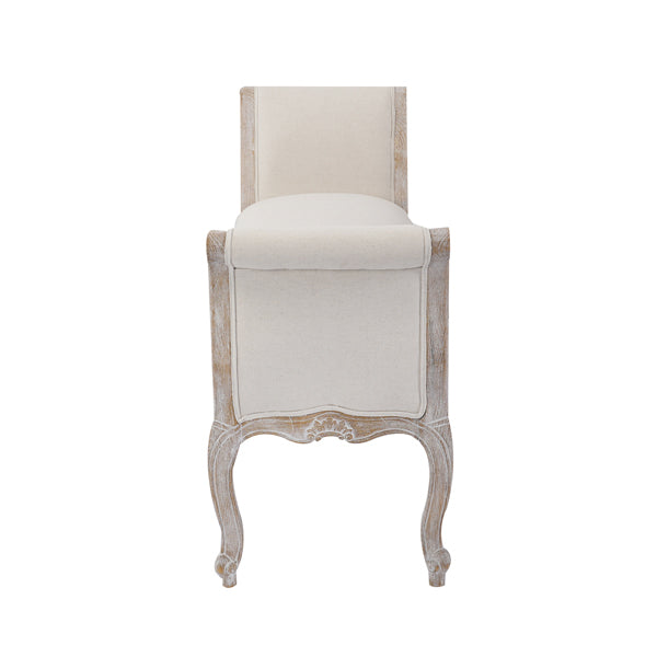 Oak Wood Linen Fabric Beige White Washed Finish Bench Chair 5
