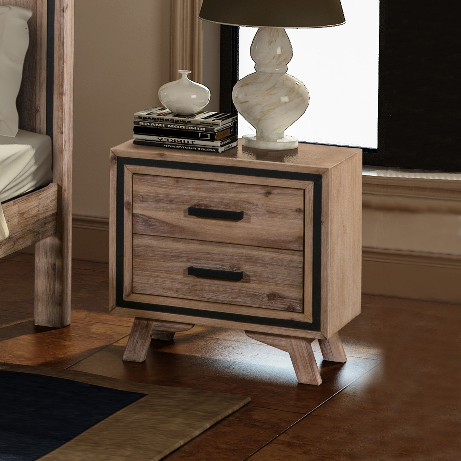 Bedside Table 2 drawer Night Stand with Solid Acacia Storage in Sliver Brush Colour 1