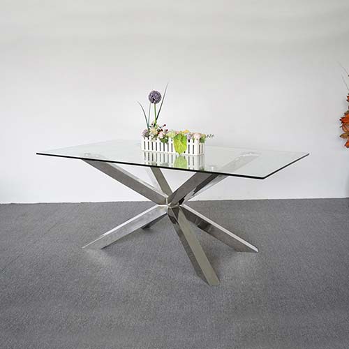 Dining Table in Crisscross Shaped High Glossy Stainless Steel Base with 12mm Tempered Glass Top 6