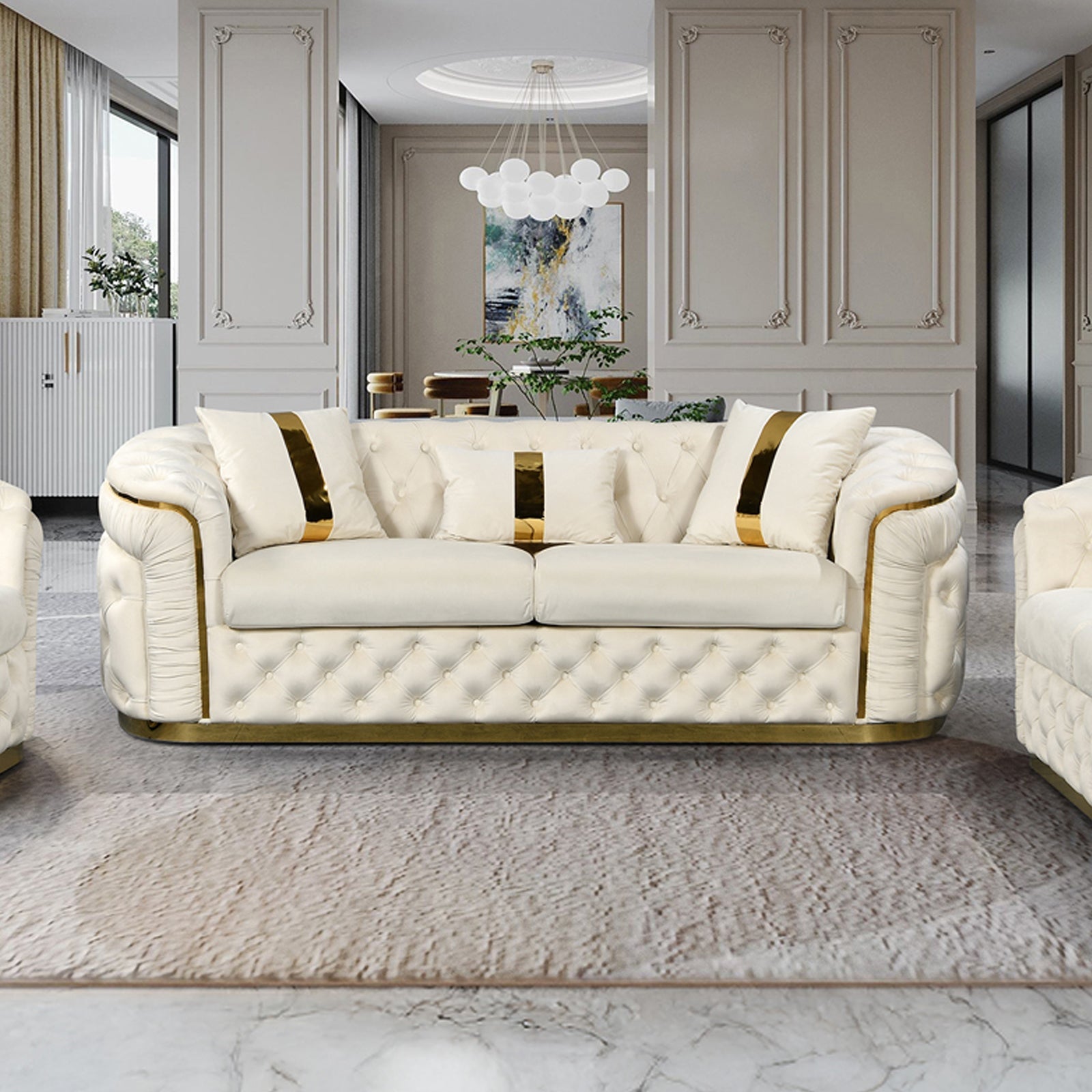 3-1-1 Seater Sofa Set Beige Velvet Fabric Solid Wood construction Gold Stainless Steel Trim 8