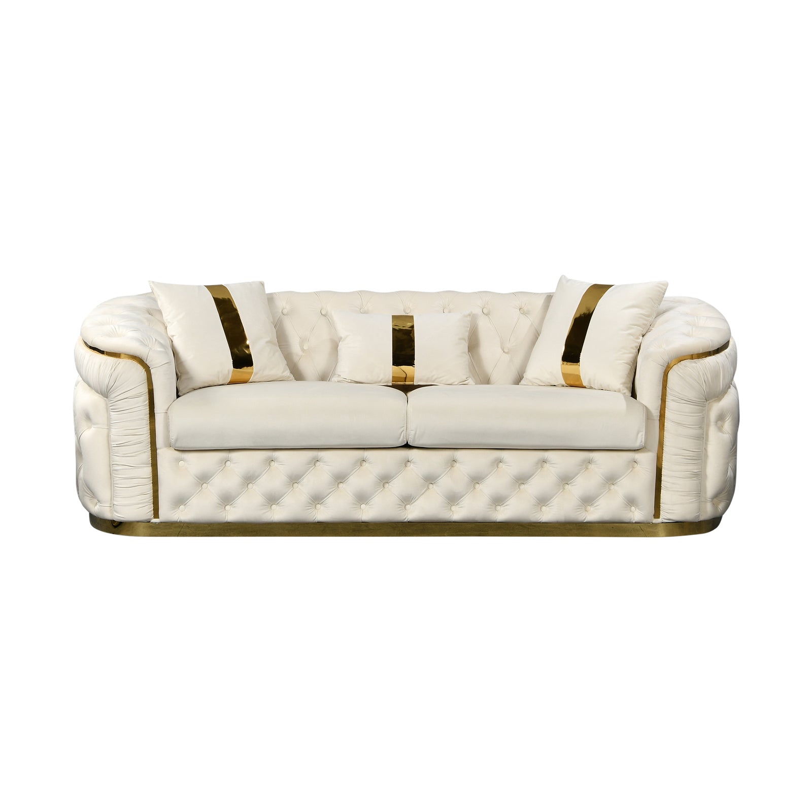 3-1-1 Seater Sofa Set Beige Velvet Fabric Solid Wood construction Gold Stainless Steel Trim 9