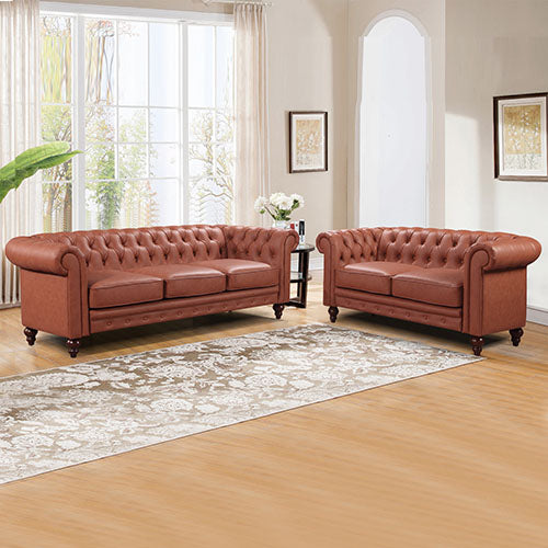 2 Seater 3 Seater Brown Sofa Lounge Set Button Tufted in Faux Leather 7