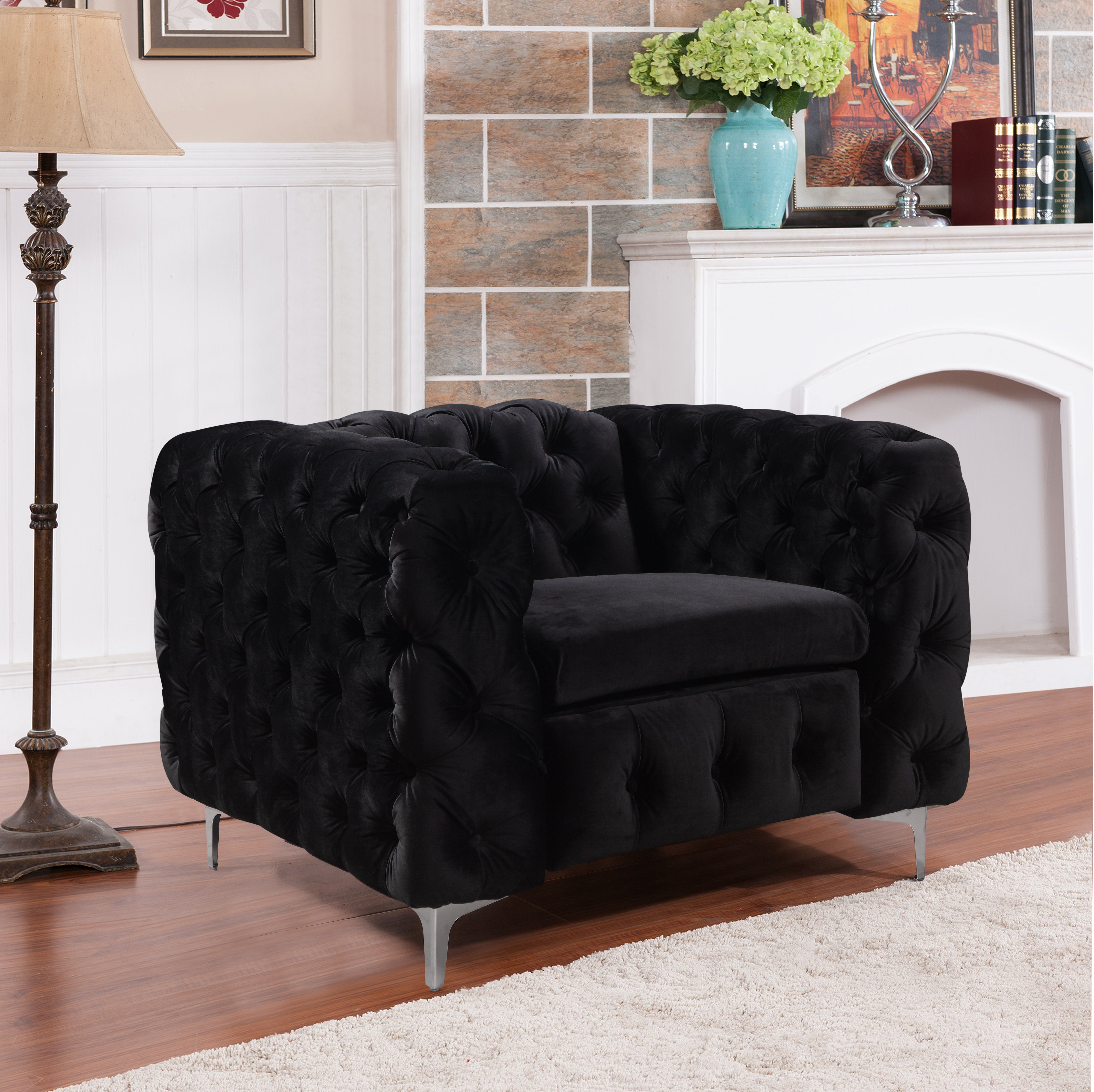 Single Seater Black Sofa Classic Armchair Button Tufted in Velvet Fabric with Metal Legs 3