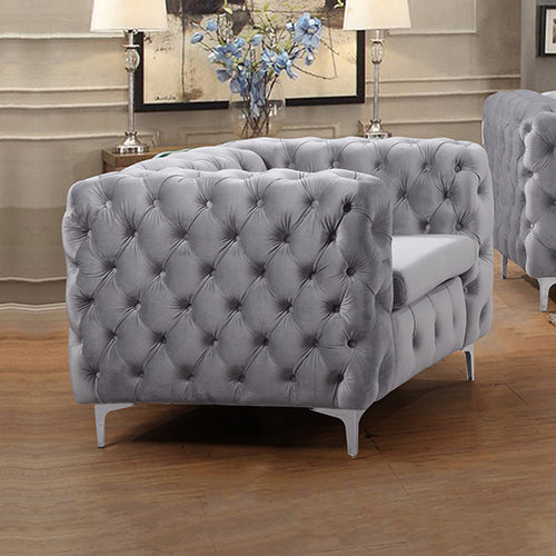 Single Seater Grey Sofa Classic Armchair Button Tufted in Velvet Fabric with Metal Legs 7