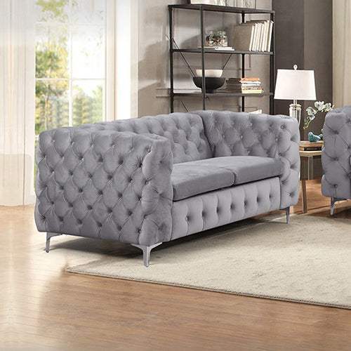 2 Seater Sofa Classic Button Tufted Lounge in Grey Velvet Fabric with Metal Legs 3