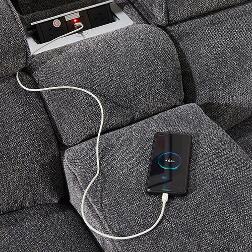 Grey Colour Corner Sofa Chaise Premium Fabric Electric Recliner With Manual Headrest Cup-Holder Charging Point Lighting 5