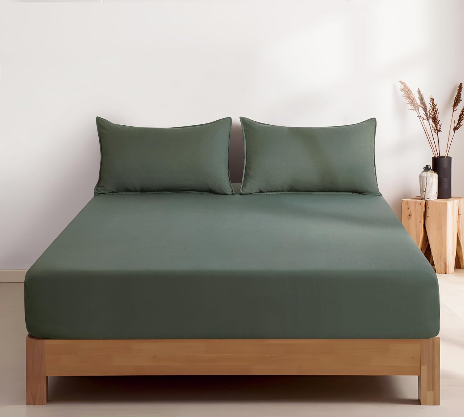 100% Vintage Washed Microfibre Fitted Sheet Set – Ultra Soft & Lightweight All-Season Fitted Sheet with 1 Pillowcase (Khaki Green, Single Size) 3