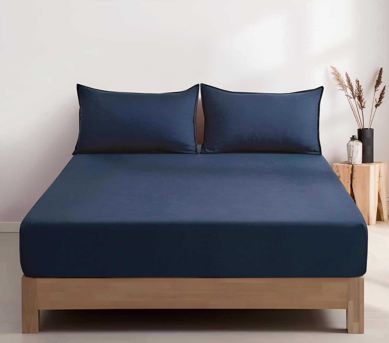 100% Vintage Washed Microfibre Fitted Sheet Set – Ultra Soft & Lightweight All-Season Fitted Sheet with 1 Pillowcase (Navy Blue, Single Size) 3