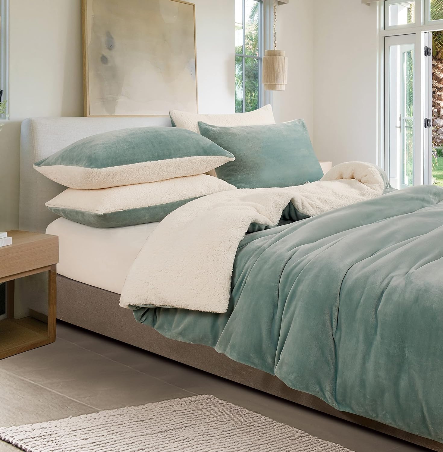 2-in-1 Teddy Sherpa Quilt Cover Set (Sage Green, Single)