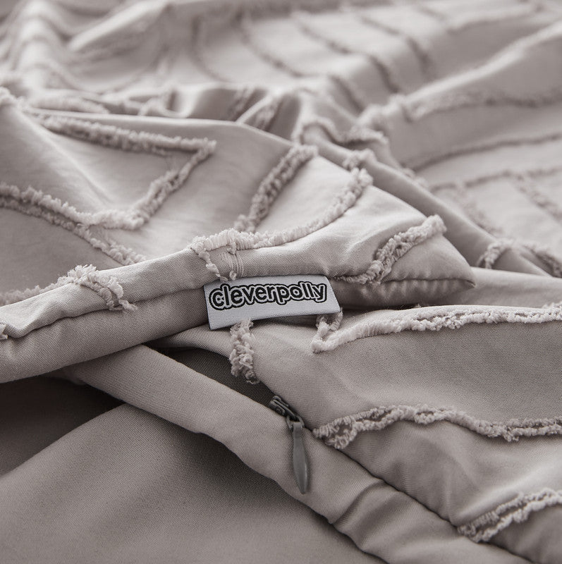 100% Premium Tufted Microfibre Quilt Cover Set - Ultra-Soft, Durable Embroidery Bedding Comforter Set - Machine Washable & Zipper Closure - Beige - Single 7