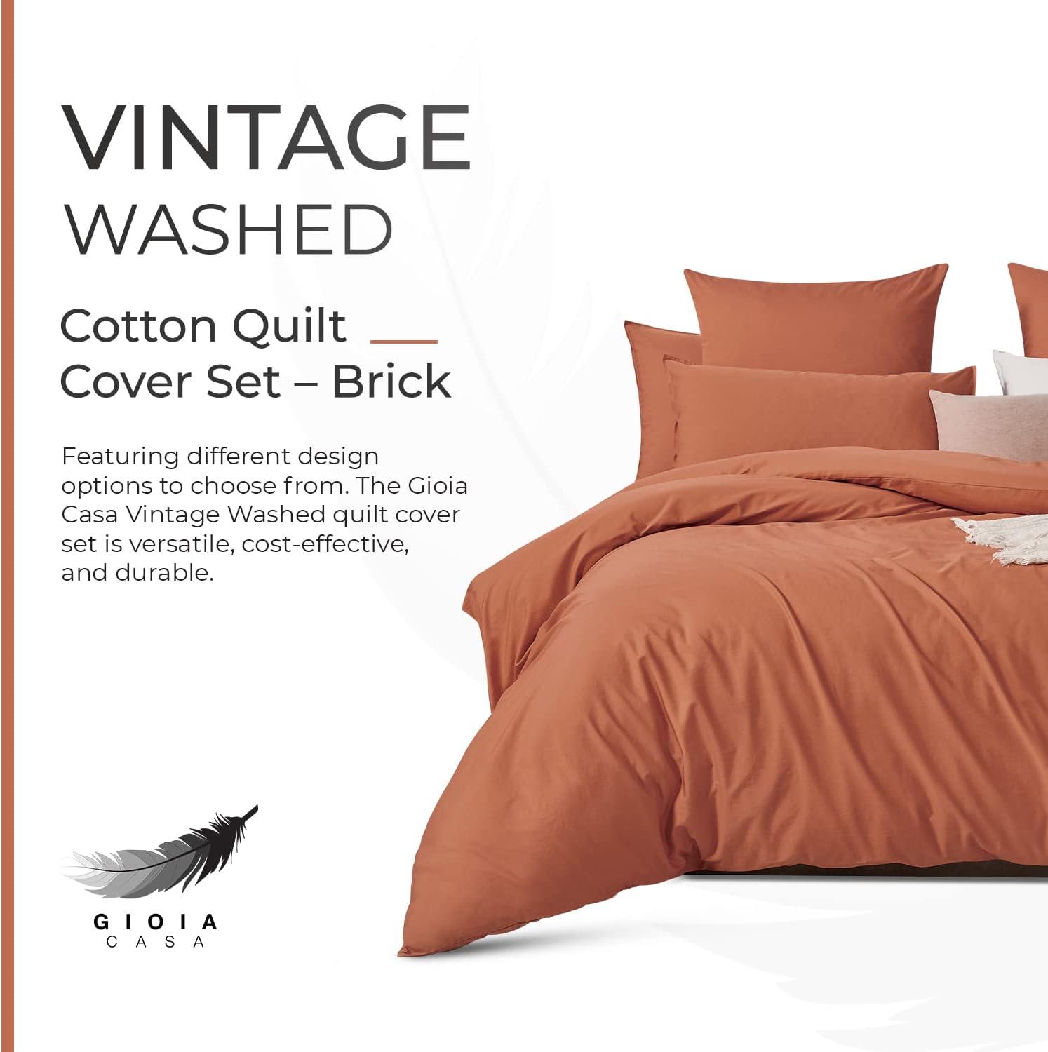 100% Cotton Vintage Washed Bed Quilt Cover Set - Brick - Single 4