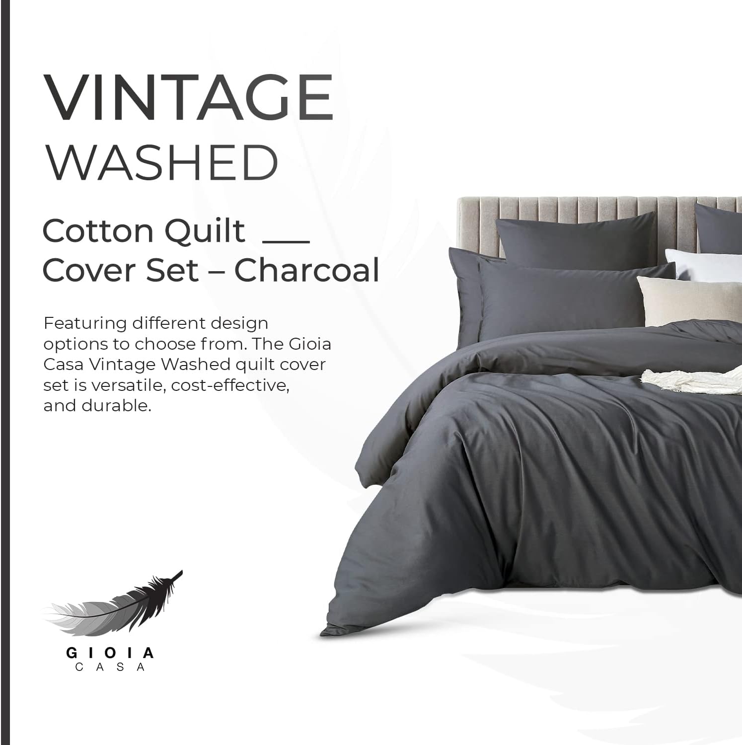 100% Cotton Vintage Washed Bed Quilt Cover Set - Charcoal - Single 4