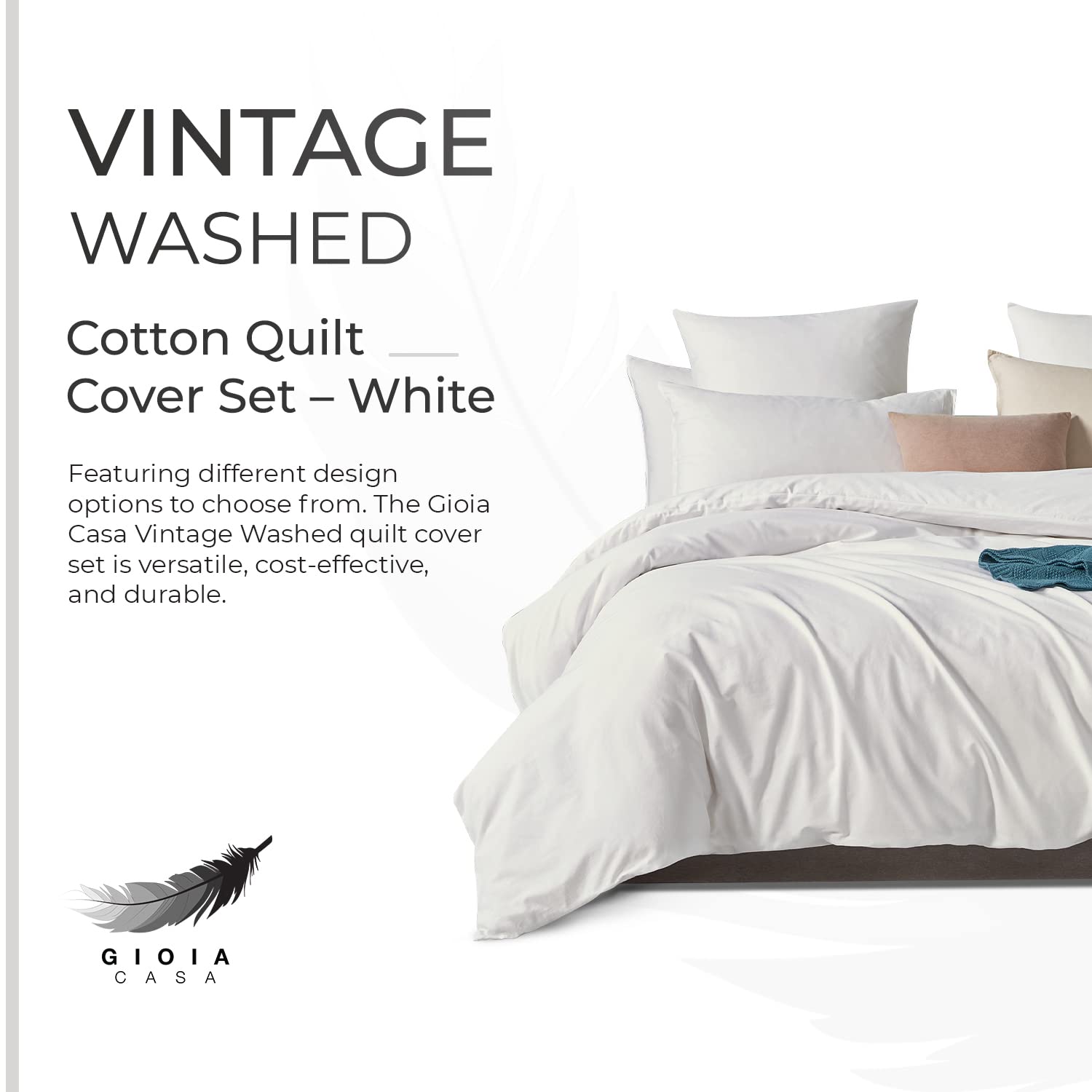 100% Cotton Vintage Washed Bed Quilt Cover Set - White - Single 4