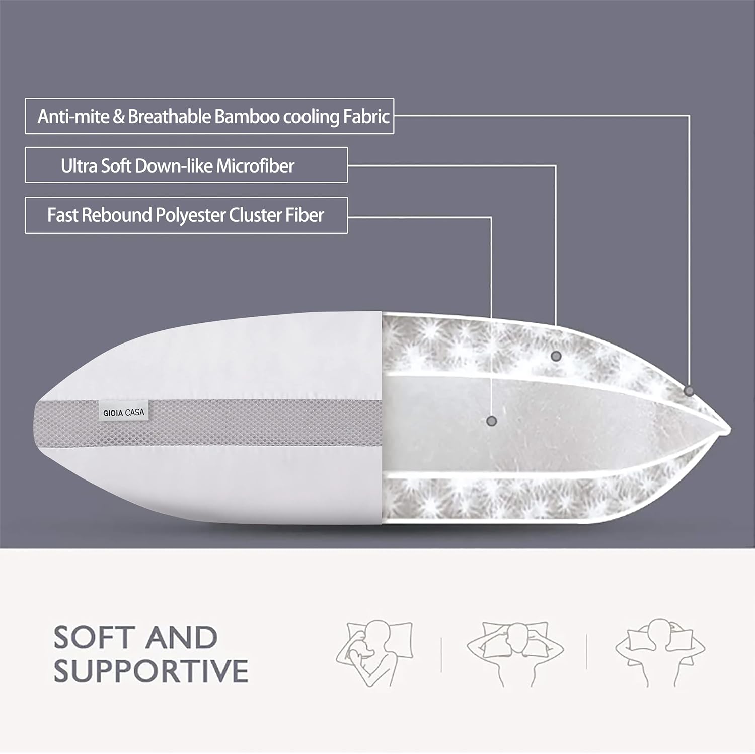 Bamboo Cooling Pillows Twin Pack - Luxury Plush Down-Like Microfibre Pillows for Bedding - Ultra Soft, Comfy & Breathable Standard Pillows 6