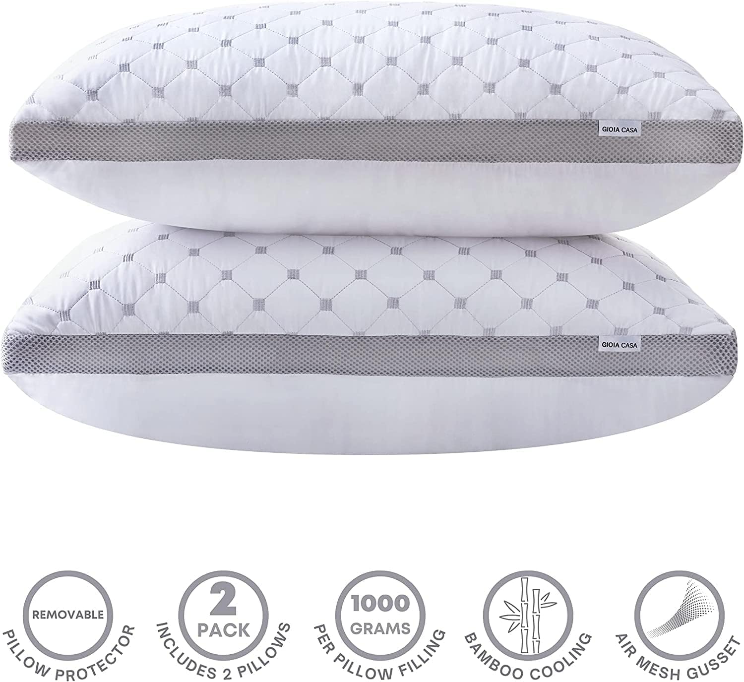 Premium Bamboo Cooling Twin Pack Plush Down-Like Pillows - Medium to High Profile (2PCS) - with Free 2 Quilted Pillow Protectors (Improved Version) 3