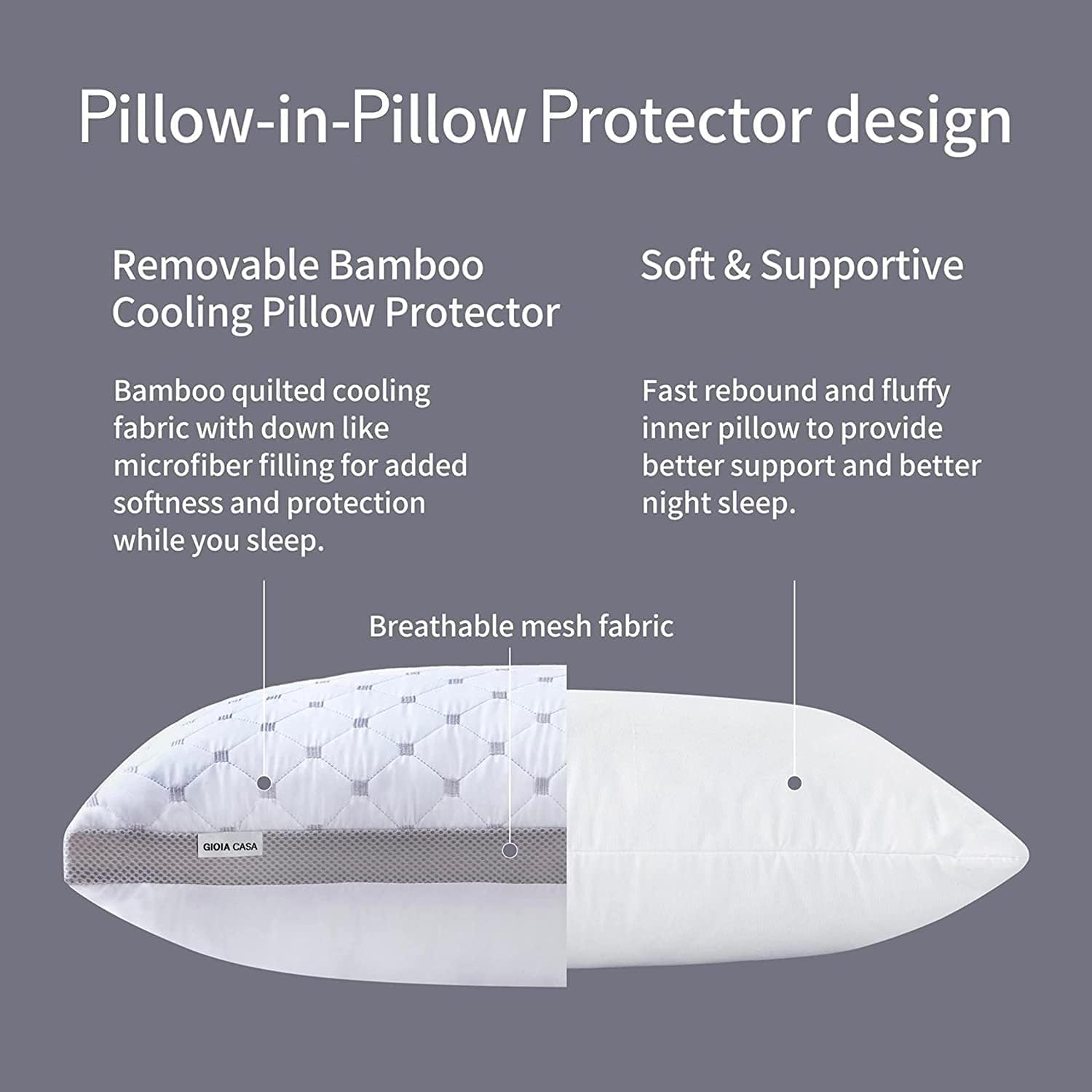 Premium Bamboo Cooling Twin Pack Plush Down-Like Pillows - Medium to High Profile (2PCS) - with Free 2 Quilted Pillow Protectors (Improved Version) 6