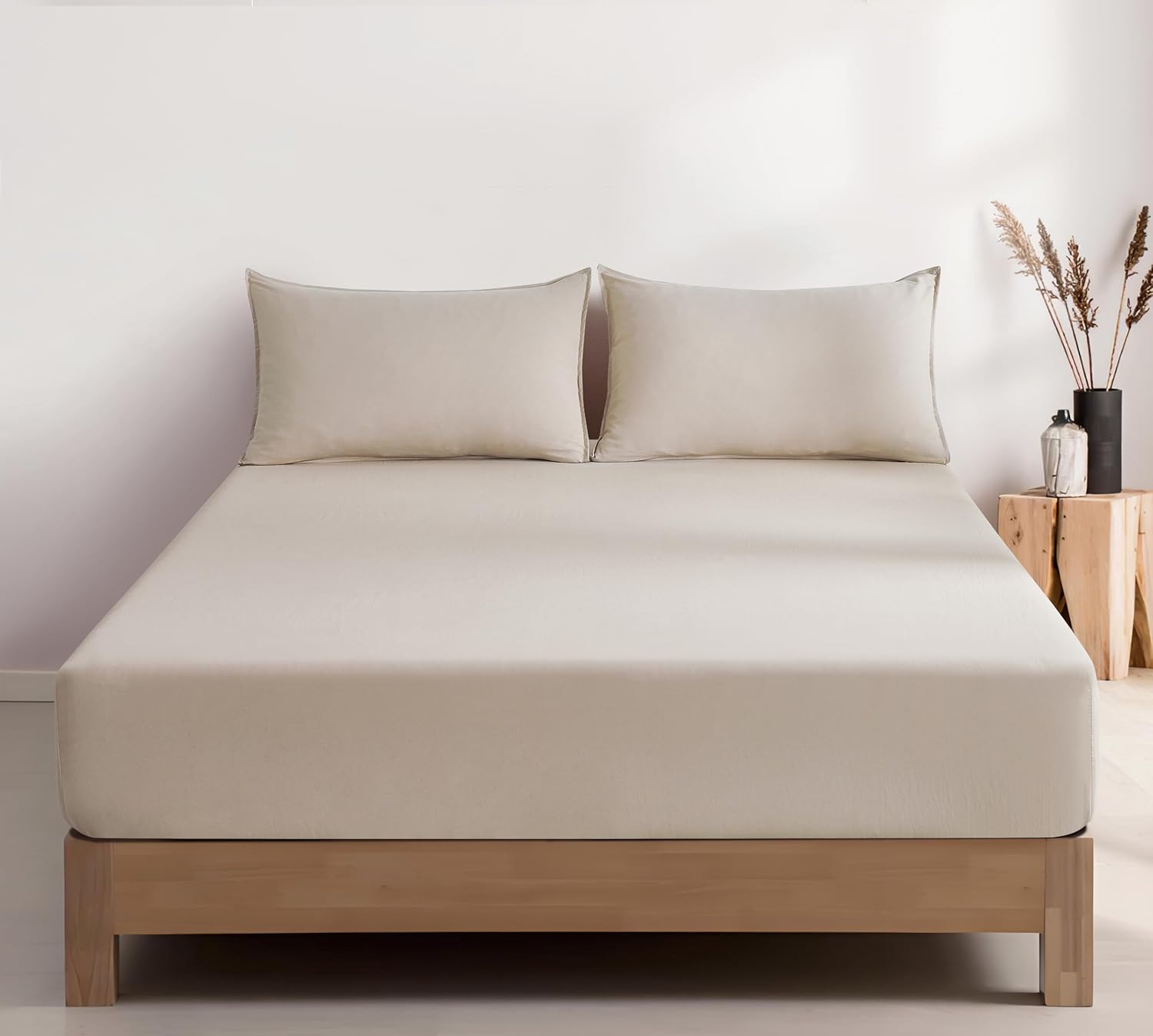 100% Vintage Washed Microfibre Fitted Sheet Set – Ultra Soft & Lightweight All-Season Fitted Sheet with 2 Pillowcases (Linen, Double Size) 3