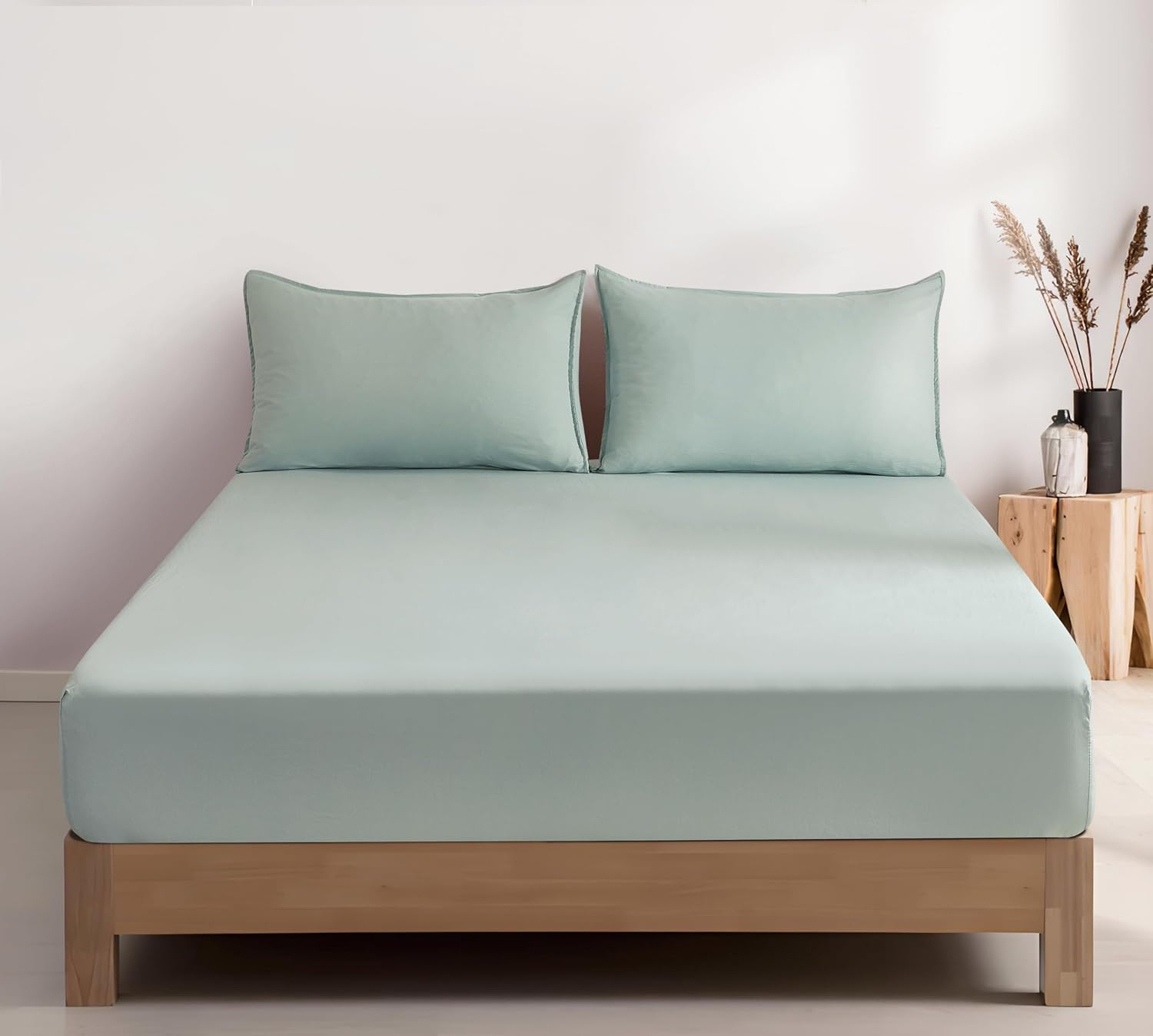 100% Vintage Washed Microfibre Fitted Sheet Set – Ultra Soft & Lightweight All-Season Fitted Sheet with 2 Pillowcases (Sage, Double Size) 3