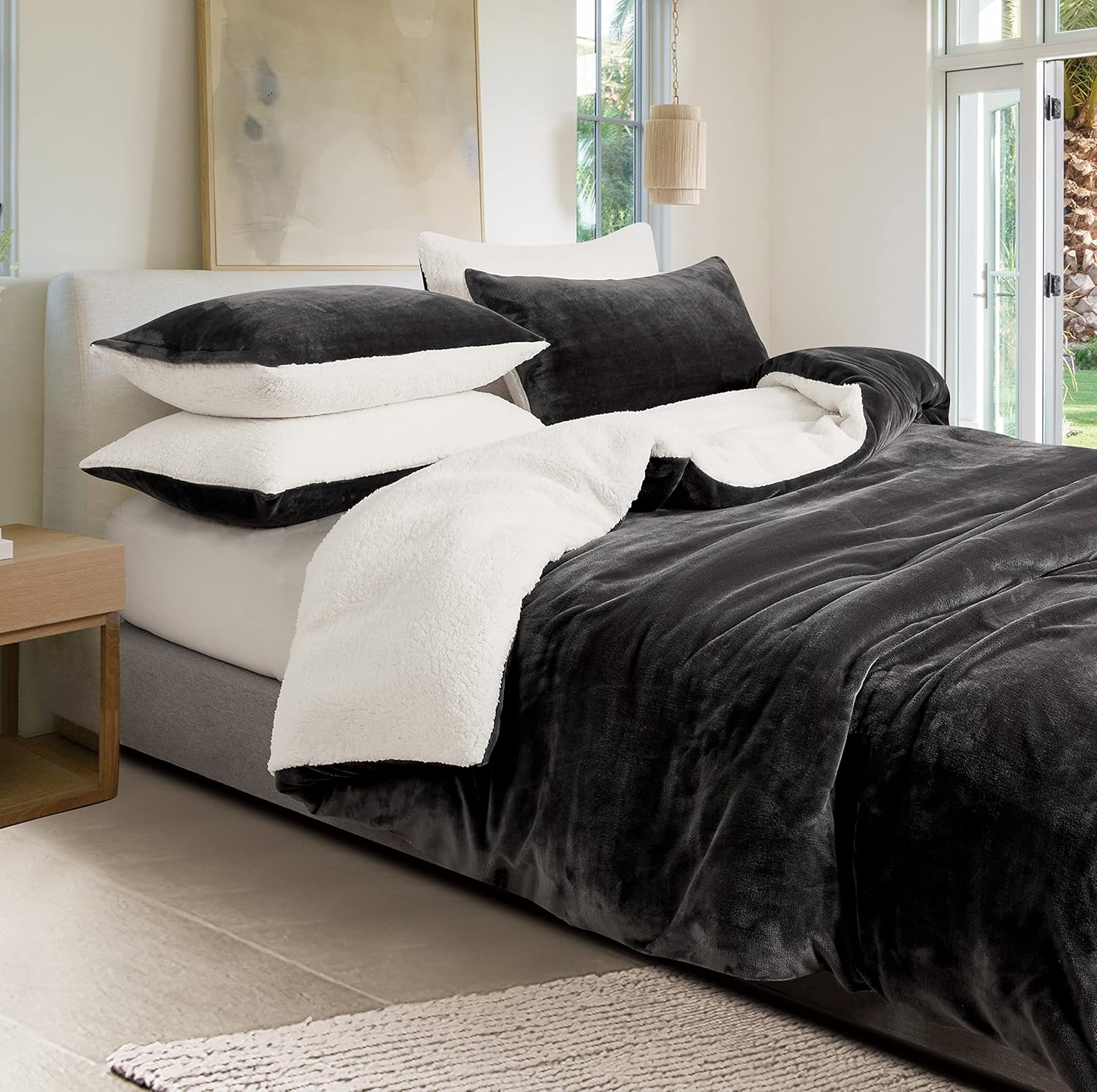 2-in-1 Teddy Sherpa Quilt Cover Set (Double Size - Charcoal)
