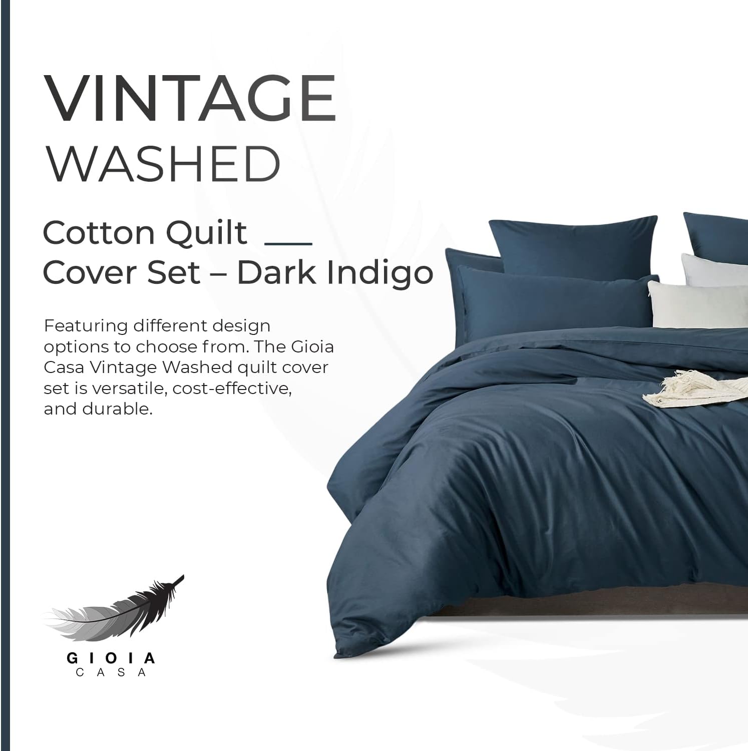 100% Cotton Vintage Washed Bed Quilt Cover Set - Dark Indigo - Double Size 4