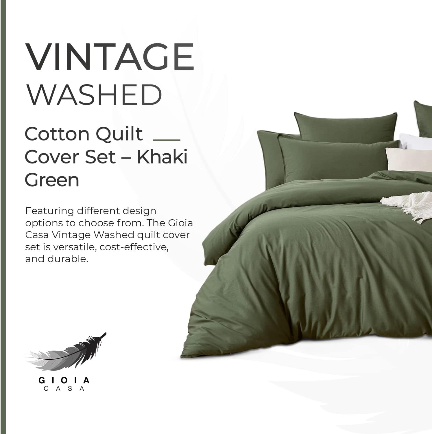 100% Cotton Vintage Washed Bed Quilt Cover Set - Khaki Green - Double Size 4