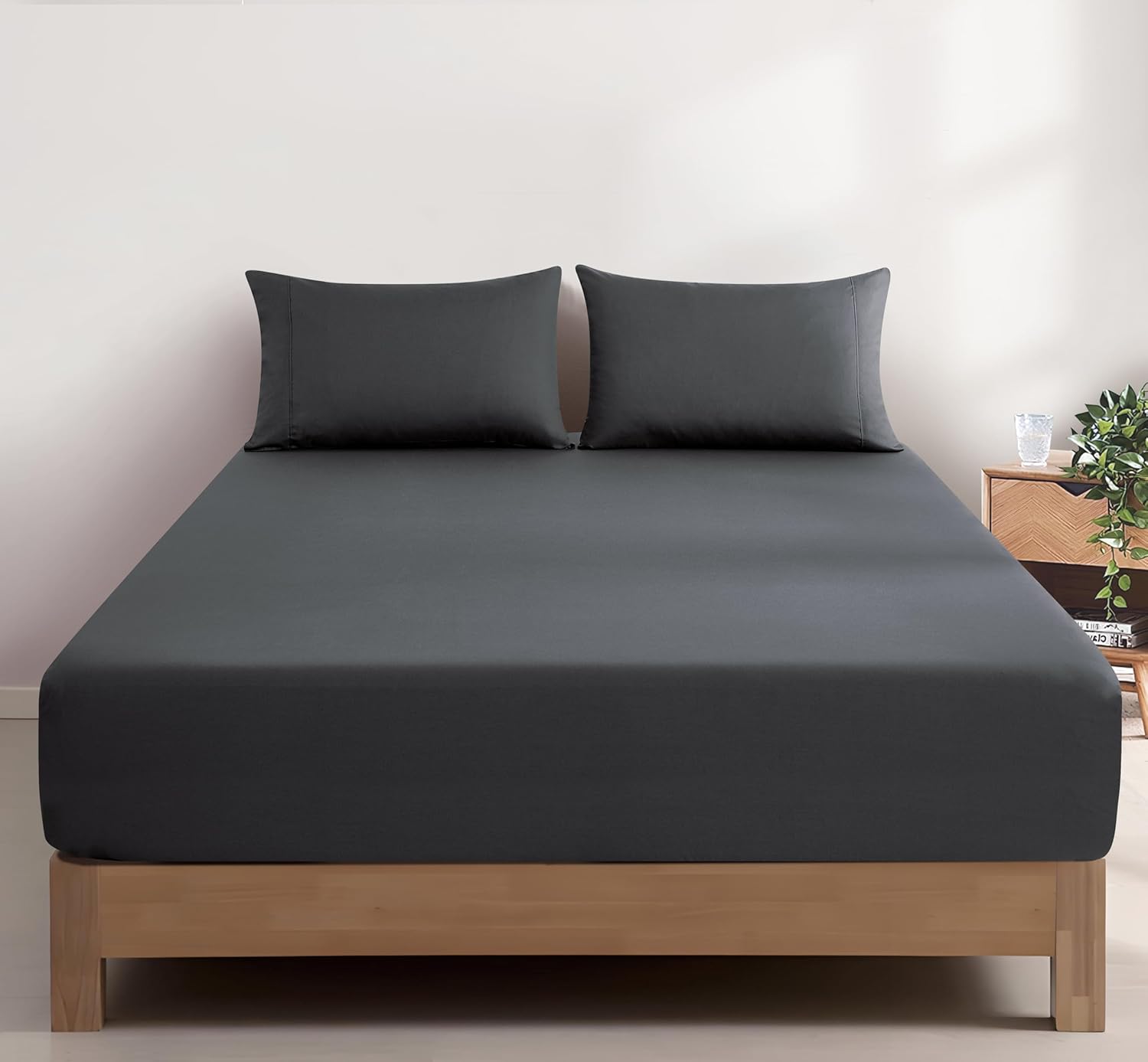 100% Vintage Washed Cotton Fitted Sheet Combo Set – 100% Natural Cotton, Ultra Soft & Breathable – Includes Fitted Sheet & Pillowcases – Machine Washable (Charcoal, Queen)