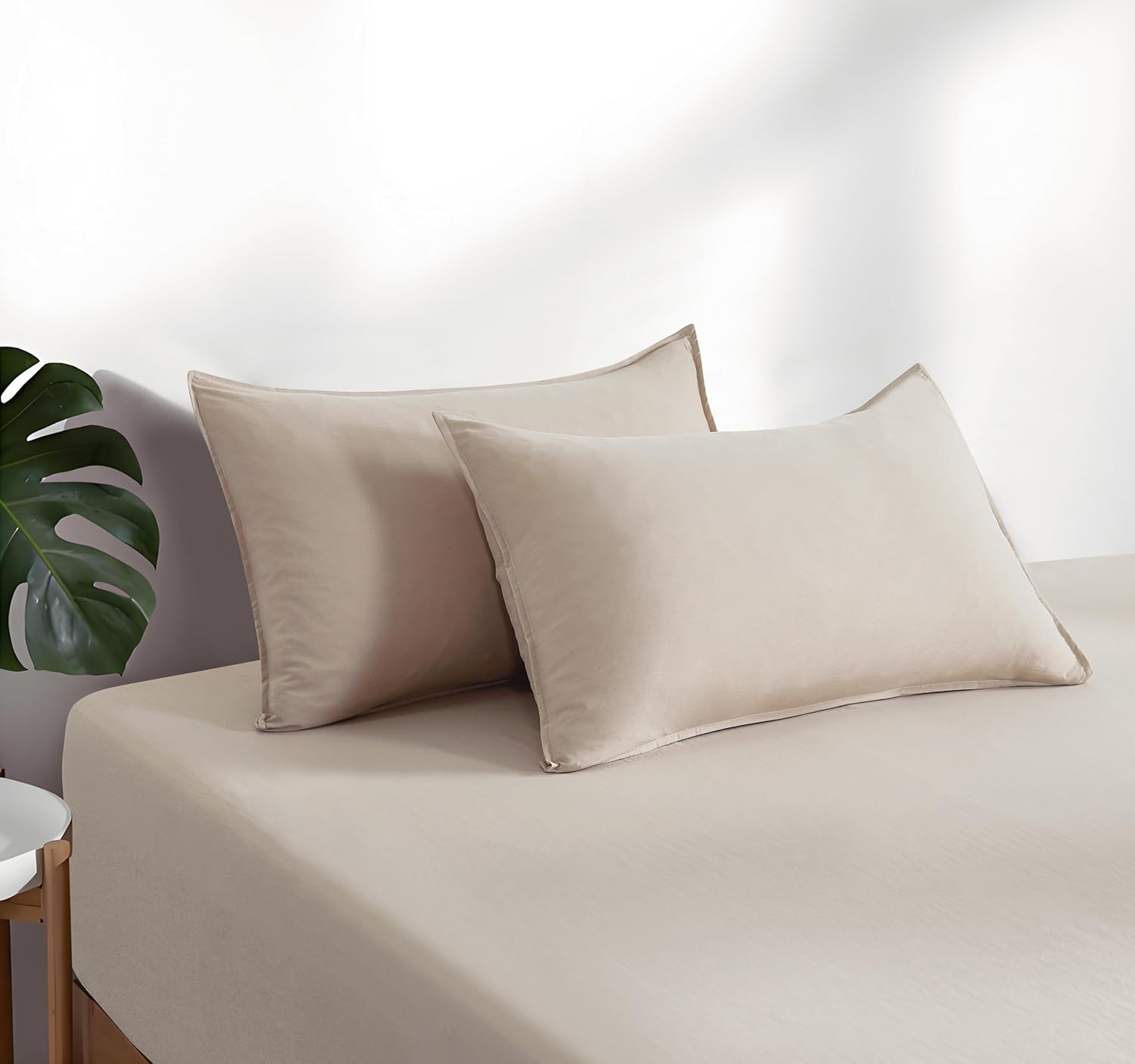 100% Vintage Washed Microfibre Fitted Sheet Set – Ultra Soft & Lightweight All-Season Fitted Sheet with 2 Pillowcases (Linen, Queen Size) 5