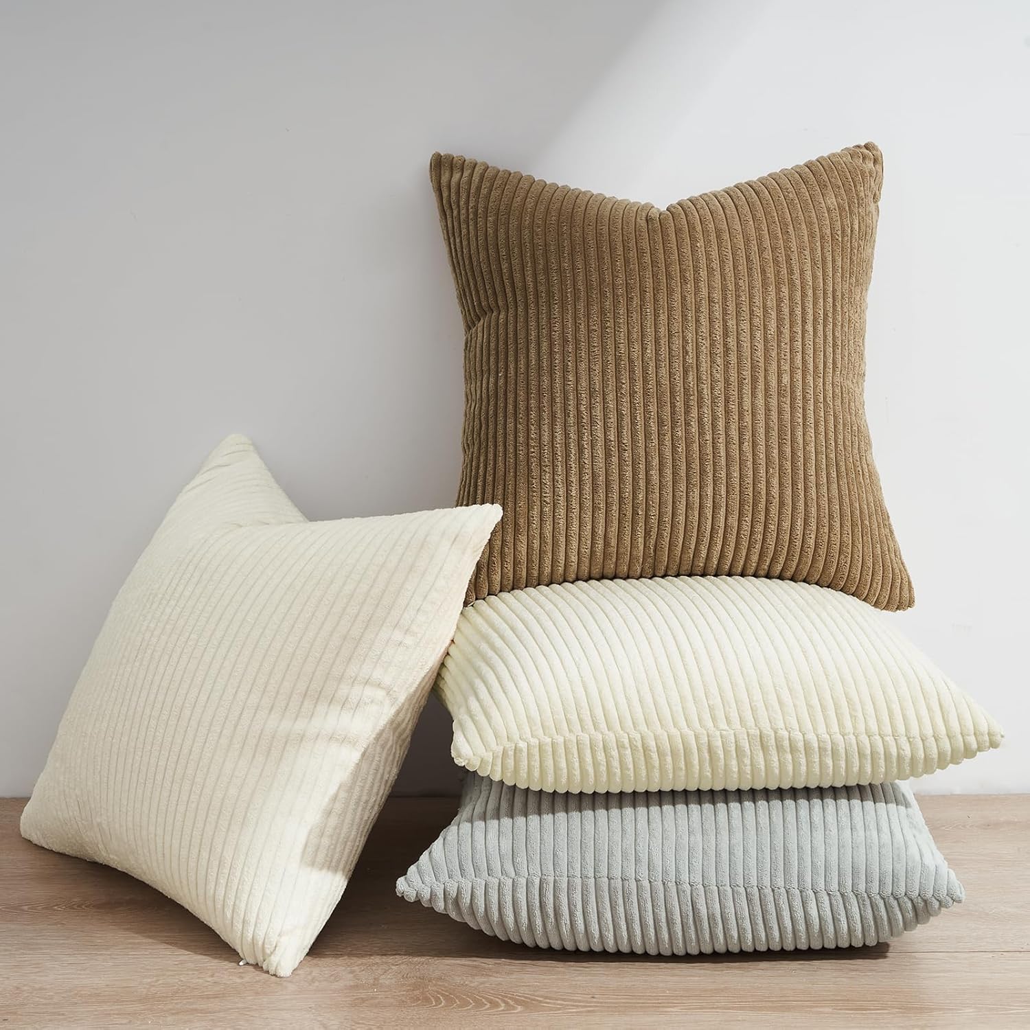 Corduroy Velvet Cushion Covers - Soft Velvet Fabric with Hidden Zipper - Stylish Mix of Beige Shades, 45cm x 45cm (Pack of 4) 3