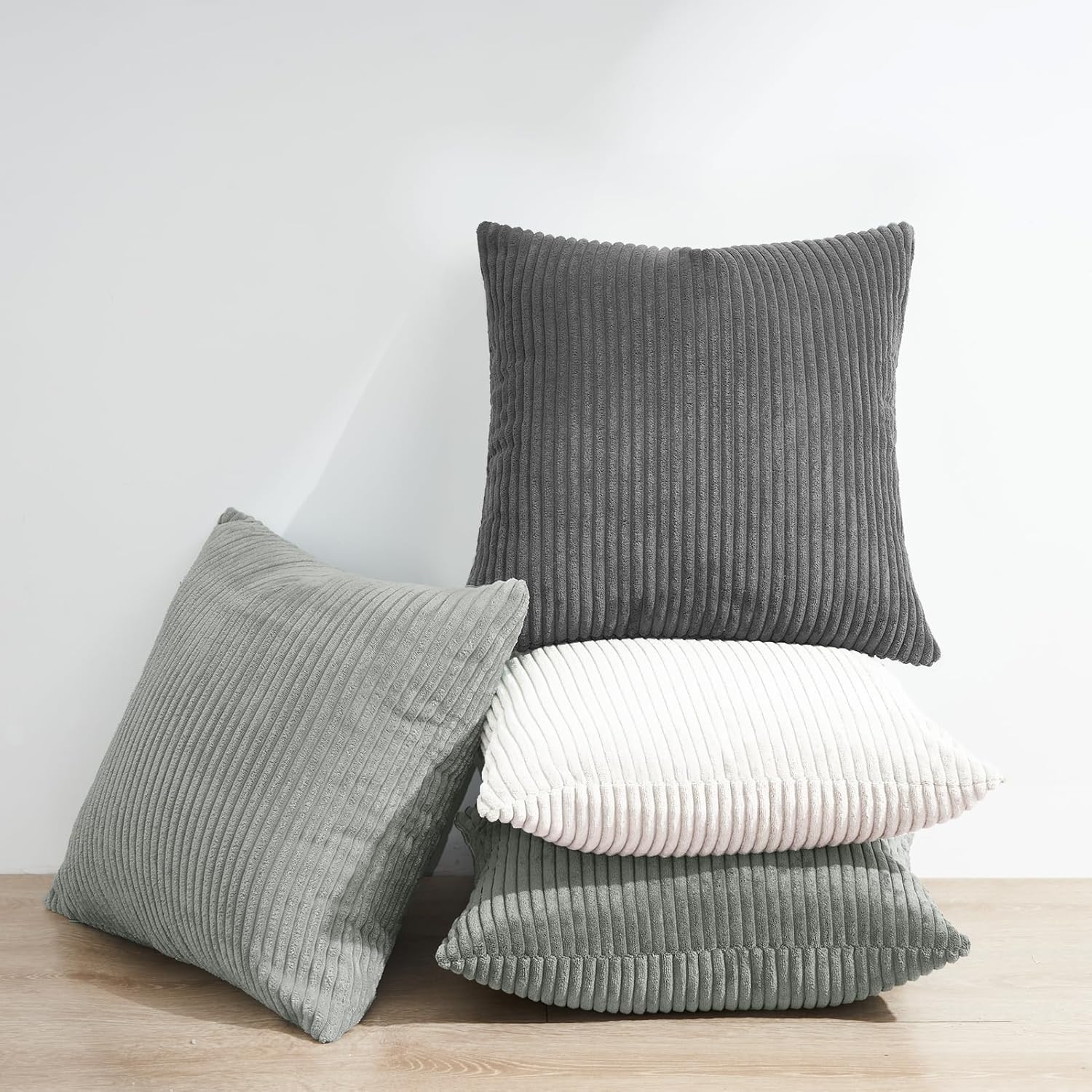 Corduroy Velvet Cushion Covers - Soft Velvet Fabric with Hidden Zipper - Stylish Mix of Grey Shades, 45cm x 45cm (Pack of 4) 3