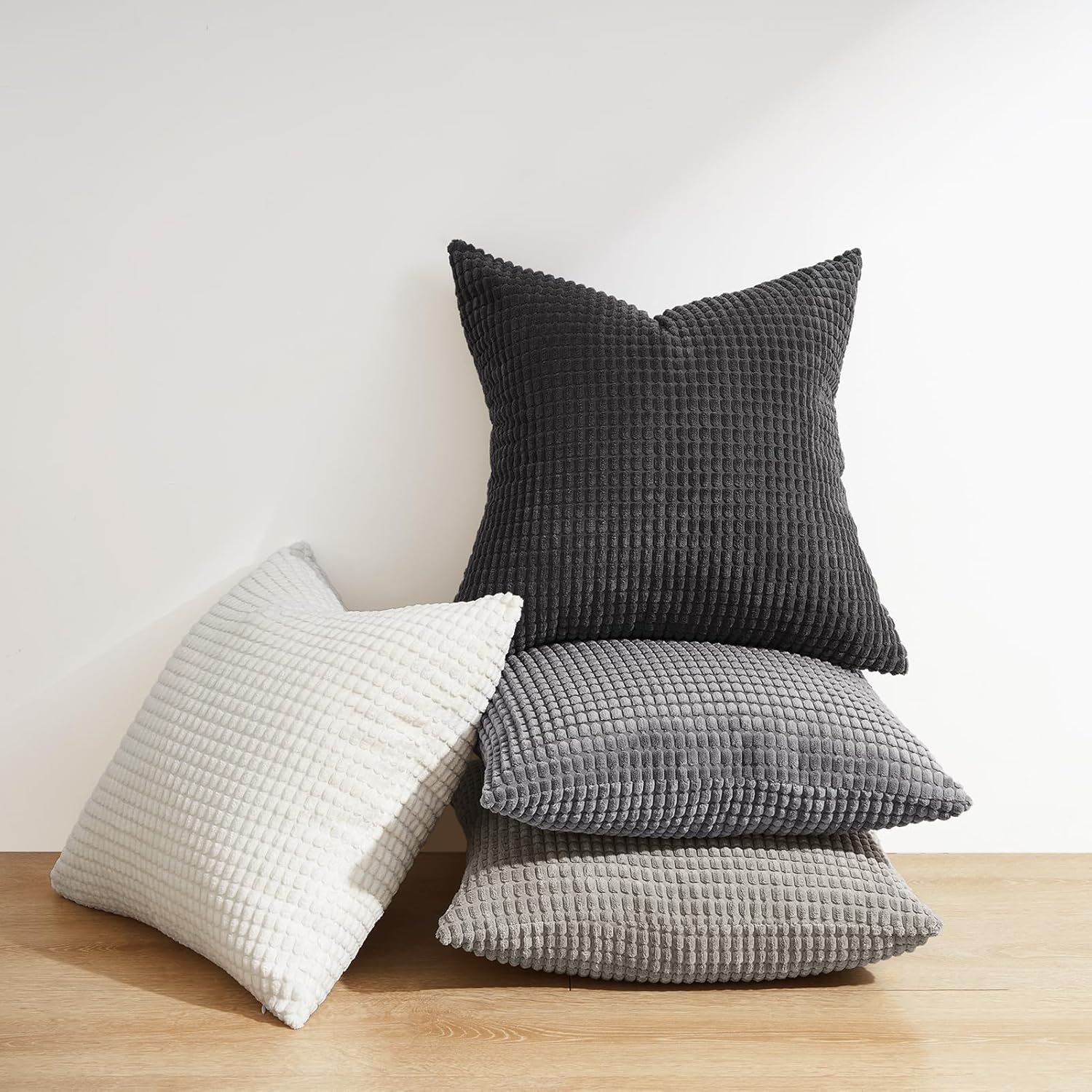 Corduroy Corn Grain Cushion Covers - Soft Velvet with Hidden Zipper - Stylish Mix of Grey Shades, 45cm x 45cm (Pack of 4) 3