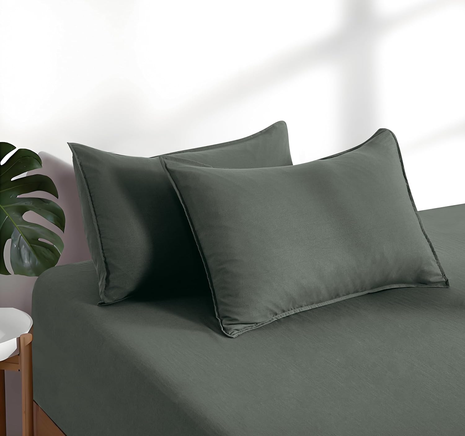 100% Vintage Washed Microfibre Fitted Sheet Set – Ultra Soft & Lightweight All-Season Fitted Sheet with 2 Pillowcases (Khaki Green, King Size) 5