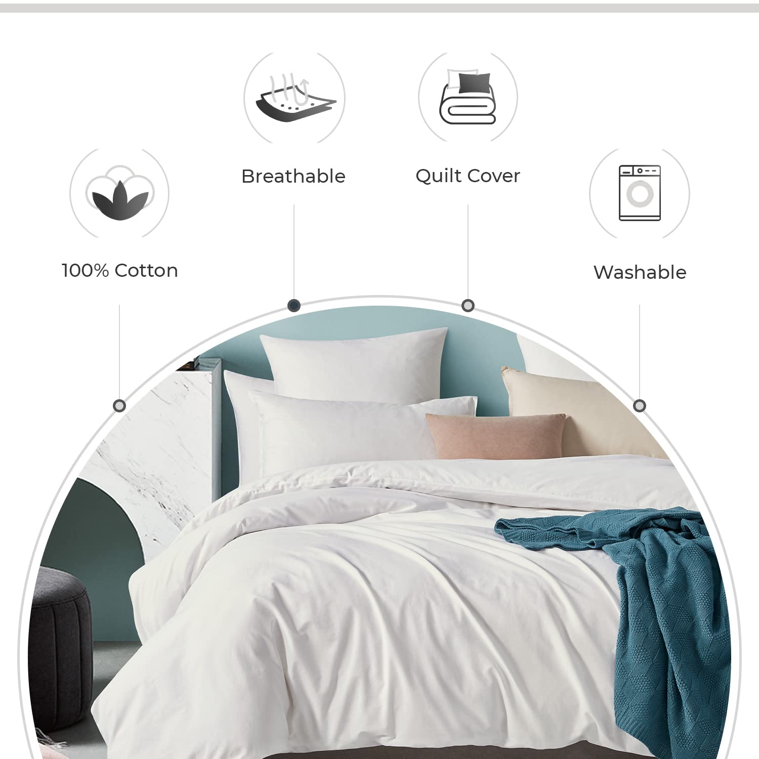 100% Cotton Vintage Washed Bed Quilt Cover Set - White - King Size 5