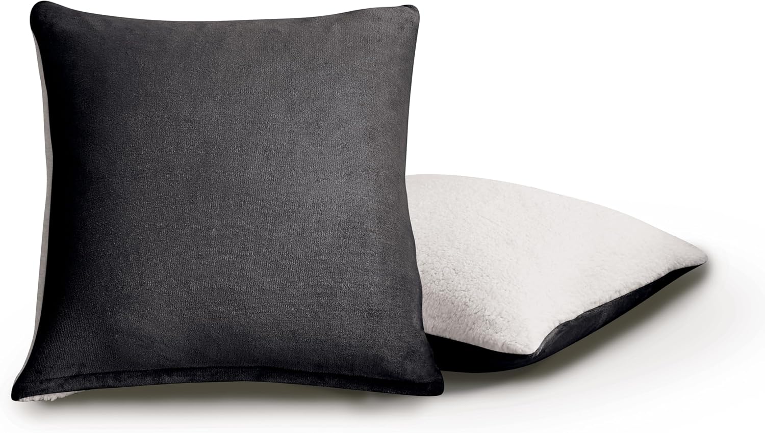 Teddy Sherpa Twin-Pack European Pillowcases - Soft Reversible Velvet & Sherpa Cushion Covers - Machine Washable with Zipper Closure -  65x65cm - Charcoal