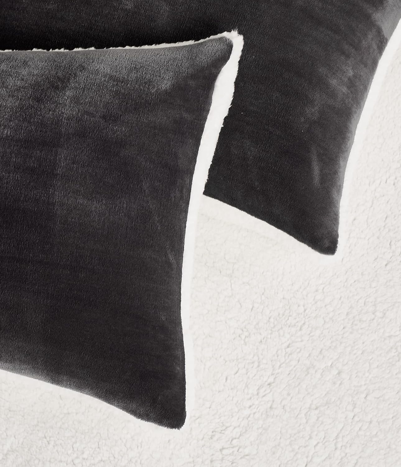 Teddy Sherpa Twin-Pack European Pillowcases - Soft Reversible Velvet & Sherpa Cushion Covers - Machine Washable with Zipper Closure -  65x65cm - Charcoal 3