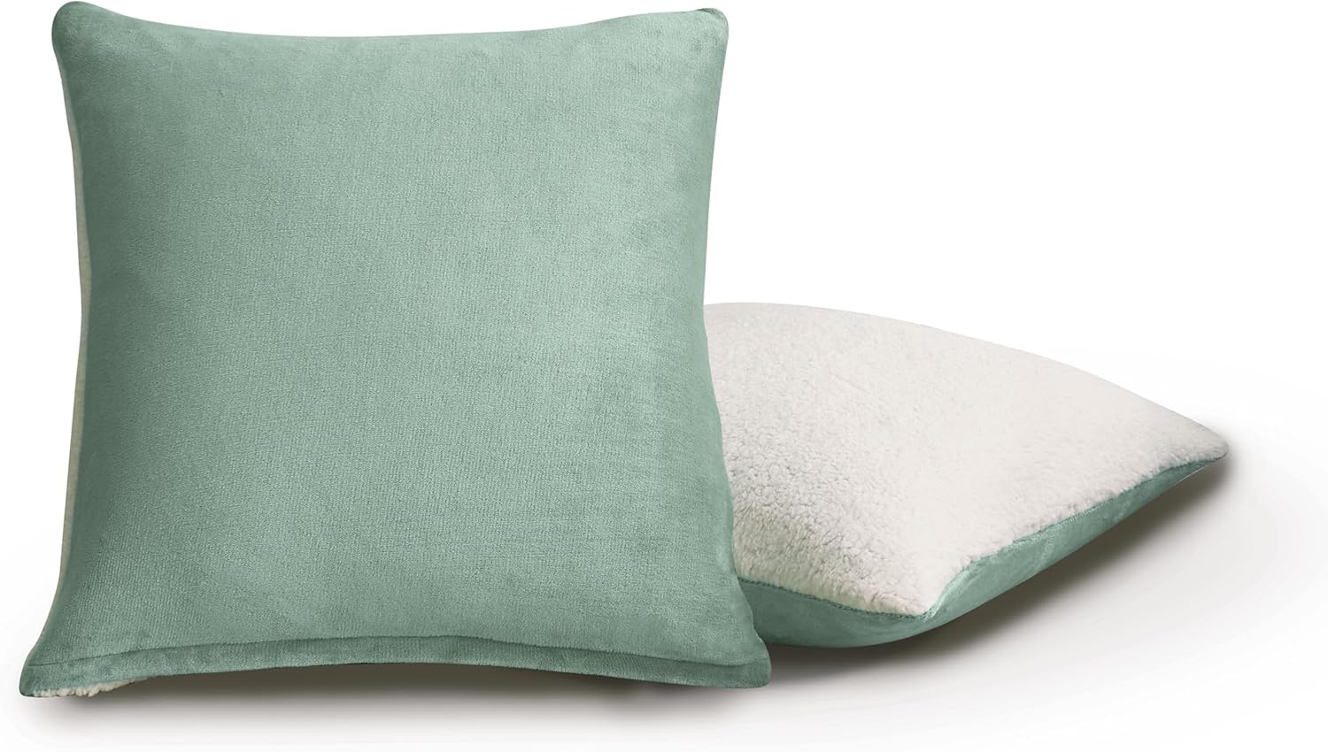 Teddy Sherpa Twin-Pack European Pillowcases - Soft Reversible Velvet & Sherpa Cushion Covers - Machine Washable with Zipper Closure -  65x65cm - Sage Green
