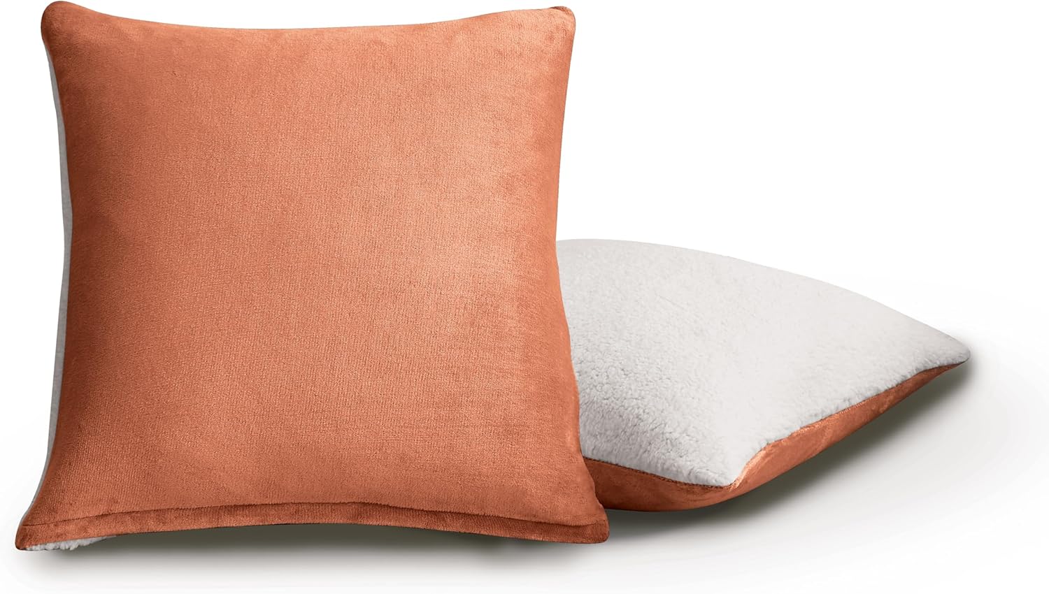 Teddy Sherpa Twin-Pack European Pillowcases - Soft Reversible Velvet & Sherpa Cushion Covers - Machine Washable with Zipper Closure -  65x65cm - Terracotta
